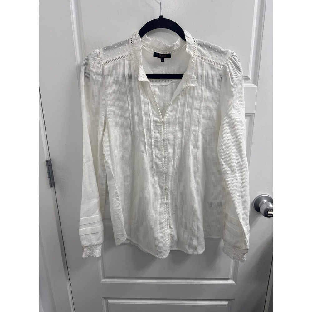 Quince White Organic Cotton Pintuck Ruffle Blouse Swiss Dot Lace Top Medium